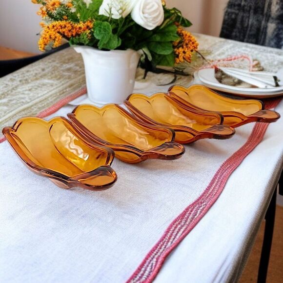 4 Amber Glass Banana Split Boat Sundae Dishes Set Vintage 70s 80s‎ Indiana Glass - Picture 12 of 16